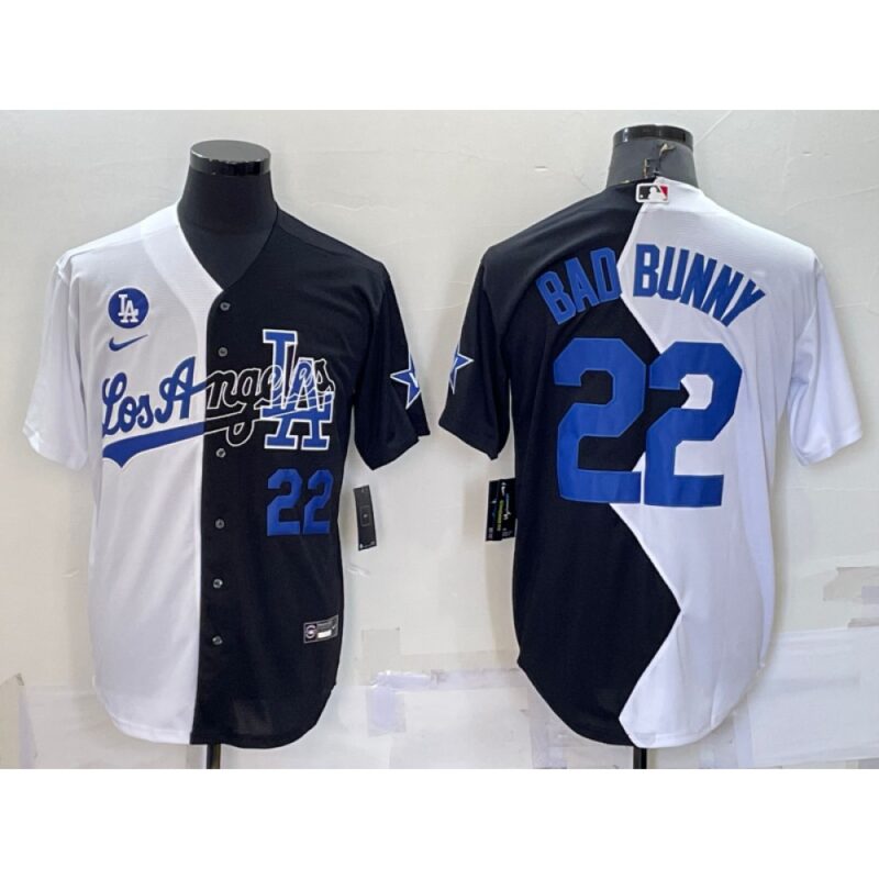 6863a4ba400ff_1 Men's Los Angeles Dodgers #22 Bad Bunny 2022 All-Star White/Black Split Cool Base Stitched Baseball Jersey
