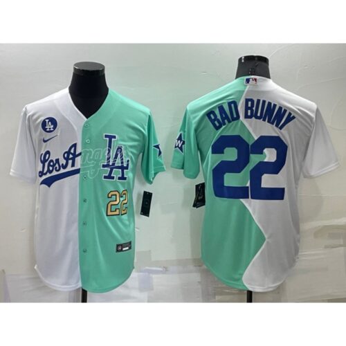 6863a4d8bd0c5_1 Men's Los Angeles Dodgers #22 Bad Bunny 2022 All-Star White/Green Cool Base Stitched Baseball Jersey
