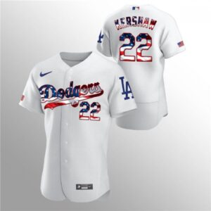 6863a4f4e86a6_1 Men's Los Angeles Dodgers #22 Clayton Kershaw White 2020 Stars & Stripes Flex Base Stitched Jersey