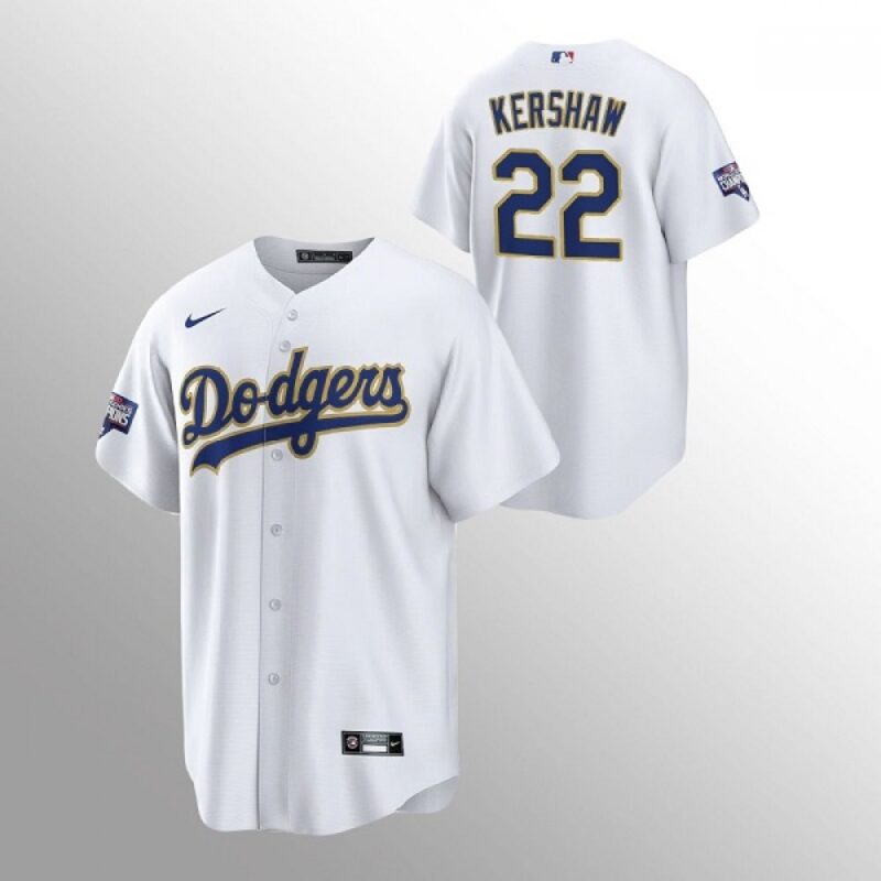 6863a4f877229_1 Men's Los Angeles Dodgers #22 Clayton Kershaw White Champions Patch Gold Program Cool Base Stitched Jersey