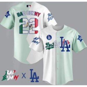 6863a500c5c2e_1 Men's Los Angeles Dodgers #22 Bad Bunny White/Green Split Cool Base Stitched Baseball Jersey