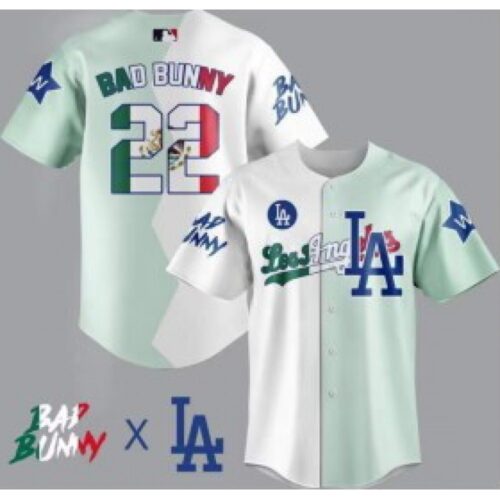 6863a500c5c2e_1 Men's Los Angeles Dodgers #22 Bad Bunny White/Green Split Cool Base Stitched Baseball Jersey