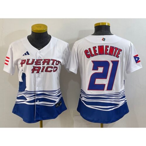 6863a7130e850_1 Women's Puerto Rico Baseball #21 Roberto Clemente 2023 White World Baseball Classic Stitched Jersey(Run Small)