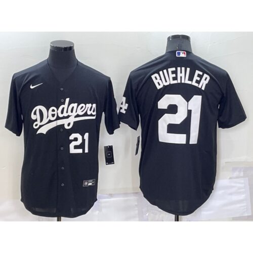 6863a8cb979e1_1 Men's Los Angeles Dodgers #21 Walker Buehler Black Cool Base Stitched Baseball Jersey