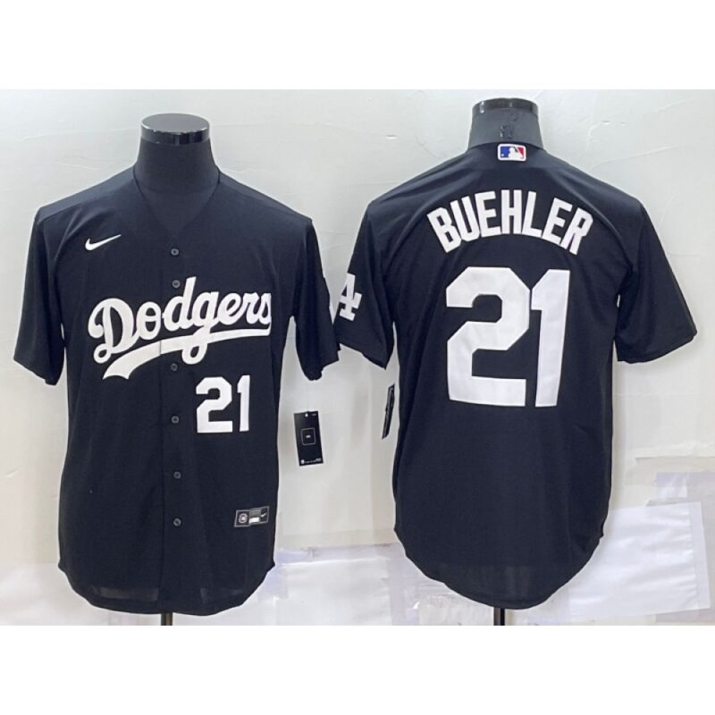 6863a8cb979e1_1 Men's Los Angeles Dodgers #21 Walker Buehler Black Cool Base Stitched Baseball Jersey
