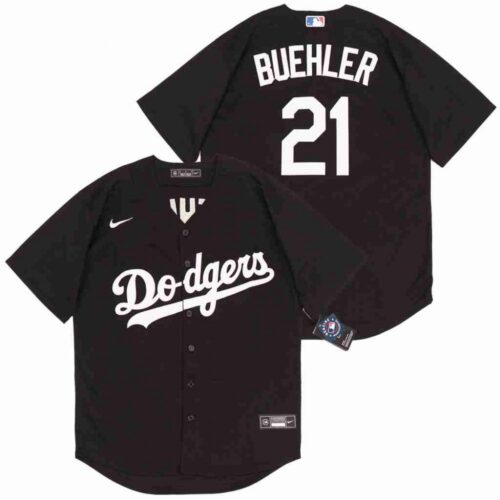 6863a8cfa9943_1 Men's Los Angeles Dodgers #21 Walker Buehler Black Cool Base Stitched Jersey