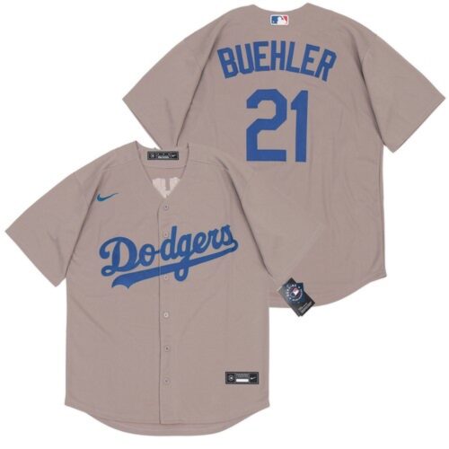 6863a8e340851_1 Men's Los Angeles Dodgers #21 Walker Buehler Grey Cool Base Stitched Jersey