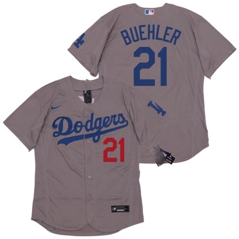 6863a8e7567df_1 Men's Los Angeles Dodgers #21 Walker Buehler Grey Flex Base Stitched Jersey