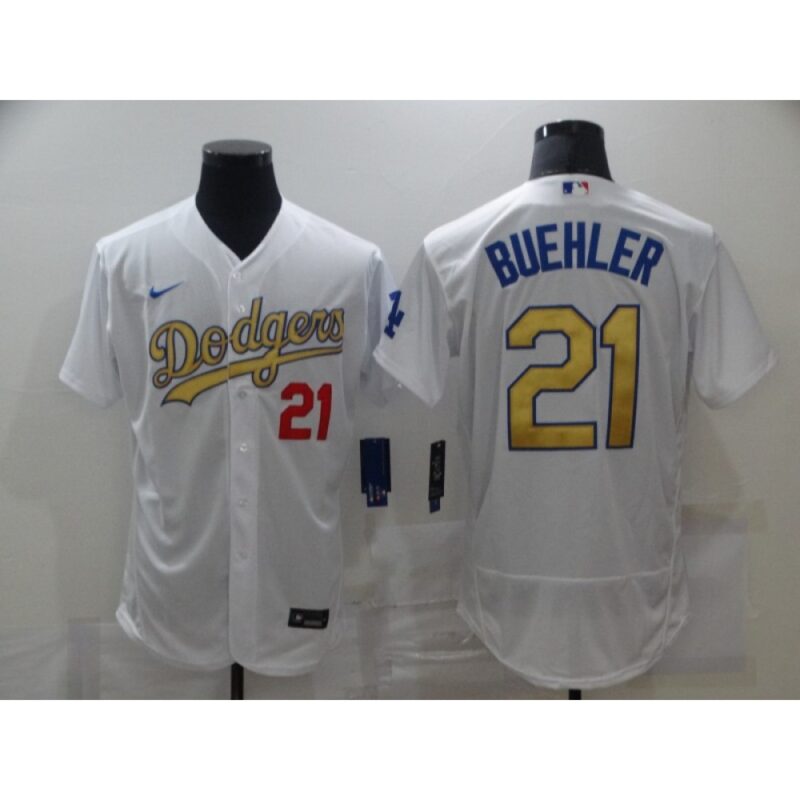 6863a905a2e66_1 Men's Los Angeles Dodgers #21 Walker Buehler 2021 White Gold Sttiched Jersey