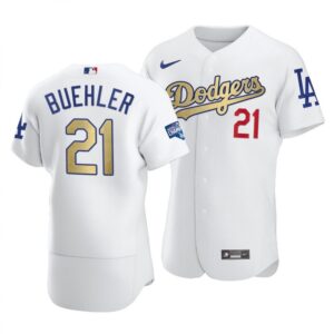 6863a90935209_1 Men's Los Angeles Dodgers #21 Walker Buehler 2021 White Gold World Series Champions Patch Sttiched Jersey