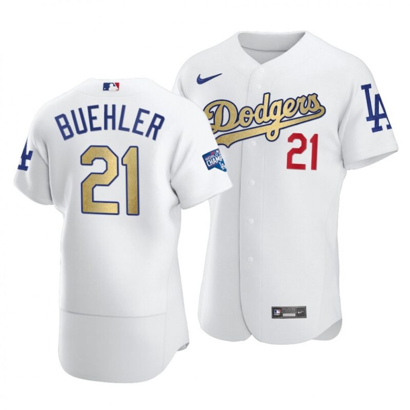 6863a90935209_1 Men's Los Angeles Dodgers #21 Walker Buehler 2021 White Gold World Series Champions Patch Sttiched Jersey