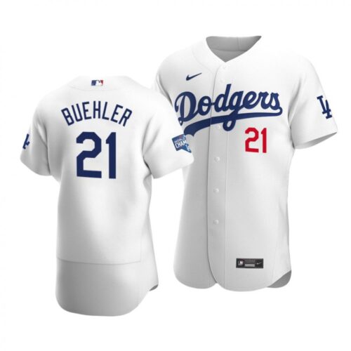 6863a910a0156_1 Men's Los Angeles Dodgers #21 Walker Buehler 2020 White World Series Champions Patch Flex Base Sttiched Jersey