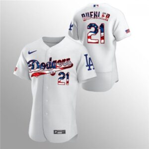 6863a914920af_1 Men's Los Angeles Dodgers #21 Walker Buehler White 2020 Stars & Stripes Flex Base Stitched Jersey