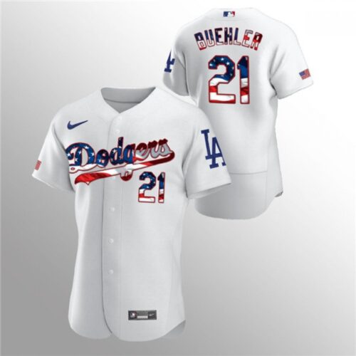 6863a914920af_1 Men's Los Angeles Dodgers #21 Walker Buehler White 2020 Stars & Stripes Flex Base Stitched Jersey