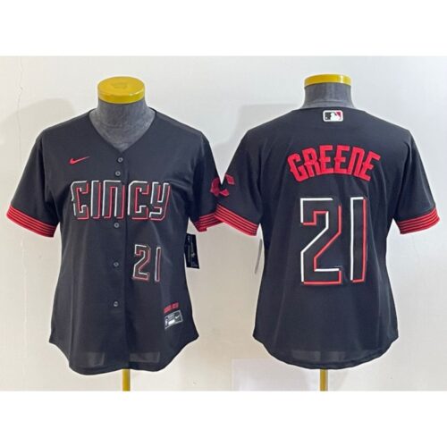 6863a9c99be6f_1 Women's Cincinnati Reds #21 Hunter Greene Black 2023 City Connect With Patch Stitched Baseball Jersey(Run Small)