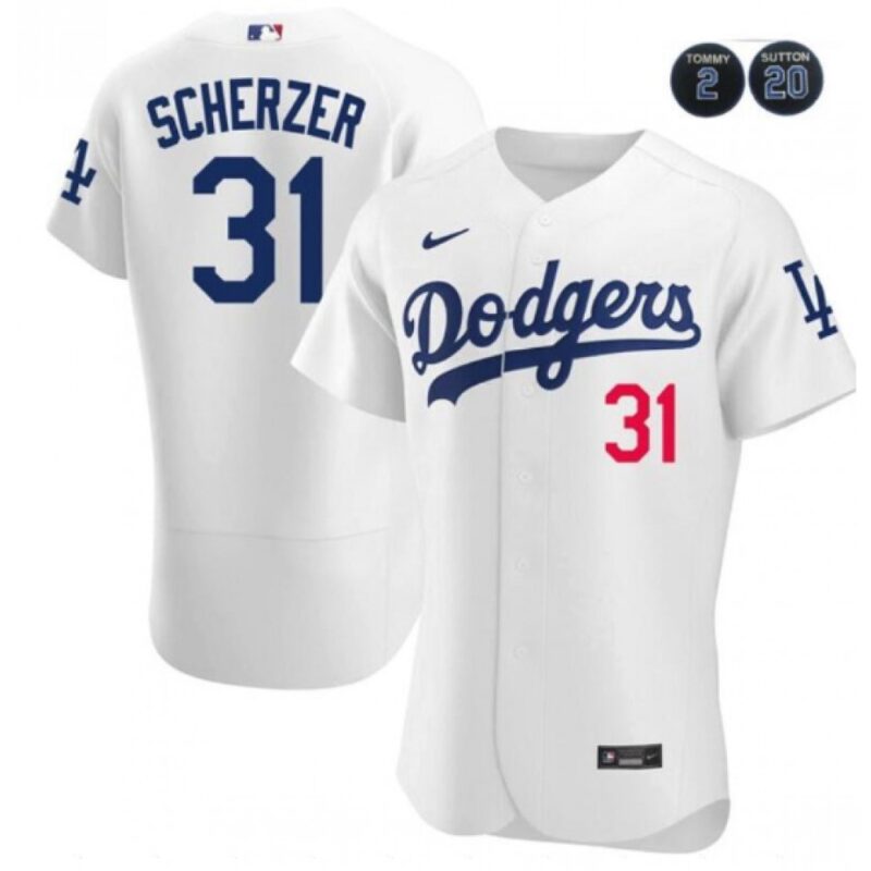 6863abc5b15d2_1 Men's Los Angeles Dodgers #31 Max Scherzer White White #2 #20 Patch Flex Base Stitched Baseball Jersey