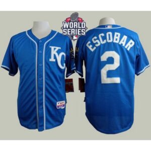 6863b00ccab4a_1 Royals #2 Alcides Escobar Blue Alternate 2 Cool Base W/2015 World Series Patch Stitched MLB Jersey