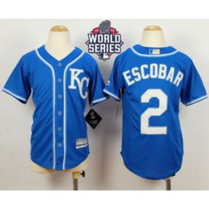 6863b0105eaf3_1 Royals #2 Alcides Escobar Blue Alternate 2 Cool Base W/2015 World Series Patch Stitched Youth MLB Jersey