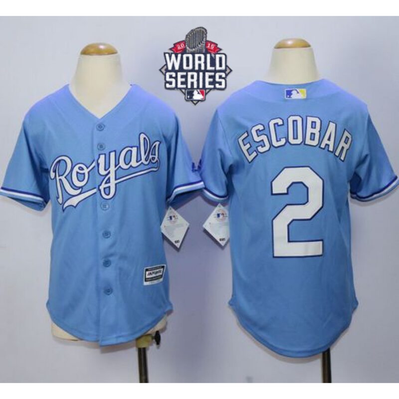6863b04c27c78_1 Royals #2 Alcides Escobar Light Blue Alternate 1 Cool Base W/2015 World Series Patch Stitched Youth MLB Jersey