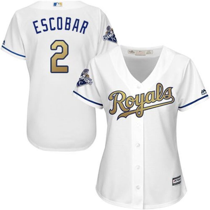 6863b062665cd_1 Royals #2 Alcides Escobar White 2015 World Series Champions Gold Program Cool Base Women's Stitched MLB Jersey