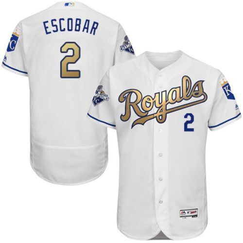 6863b0650e28a_1 Royals #2 Alcides Escobar White 2015 World Series Champions Gold Program FlexBase Authentic Stitched MLB Jersey