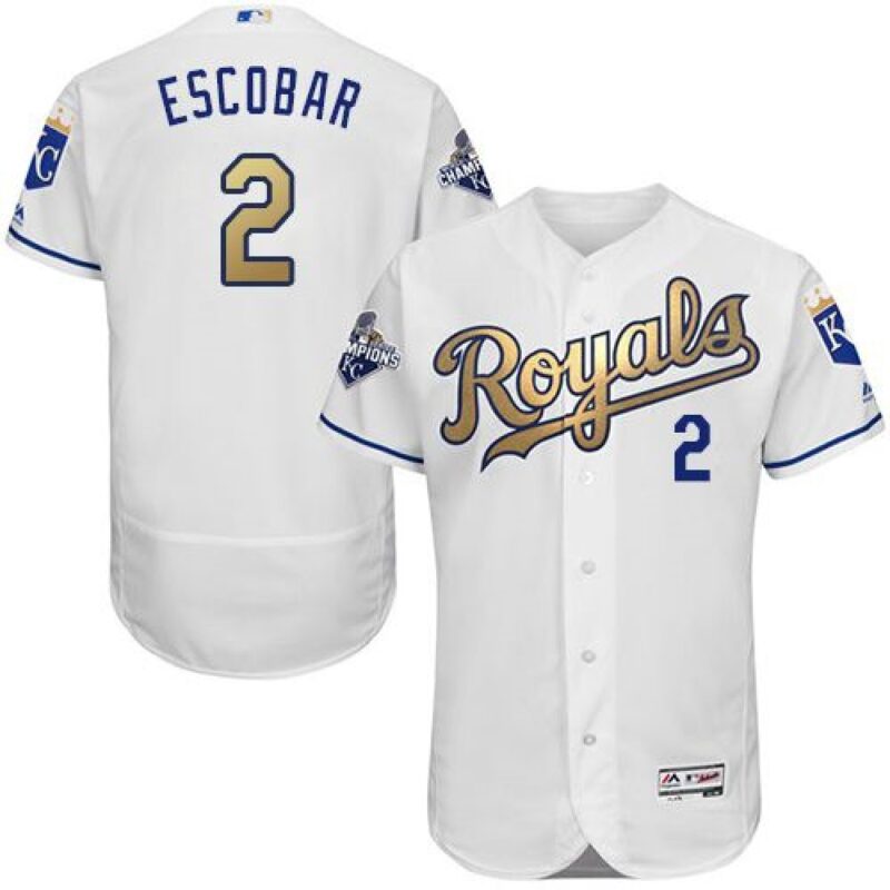 6863b0650e28a_1 Royals #2 Alcides Escobar White 2015 World Series Champions Gold Program FlexBase Authentic Stitched MLB Jersey