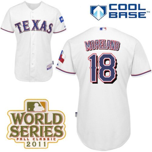 6863b4405f94b_1 Rangers #18 Mitch Moreland White Cool Base 2011 World Series Patch Stitched MLB Jersey