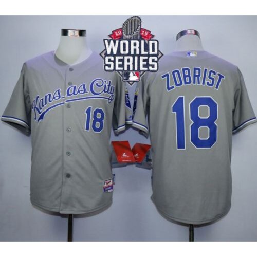 6863b582e0052_1 Royals #18 Ben Zobrist Grey Cool Base W/2015 World Series Patch Stitched MLB Jersey