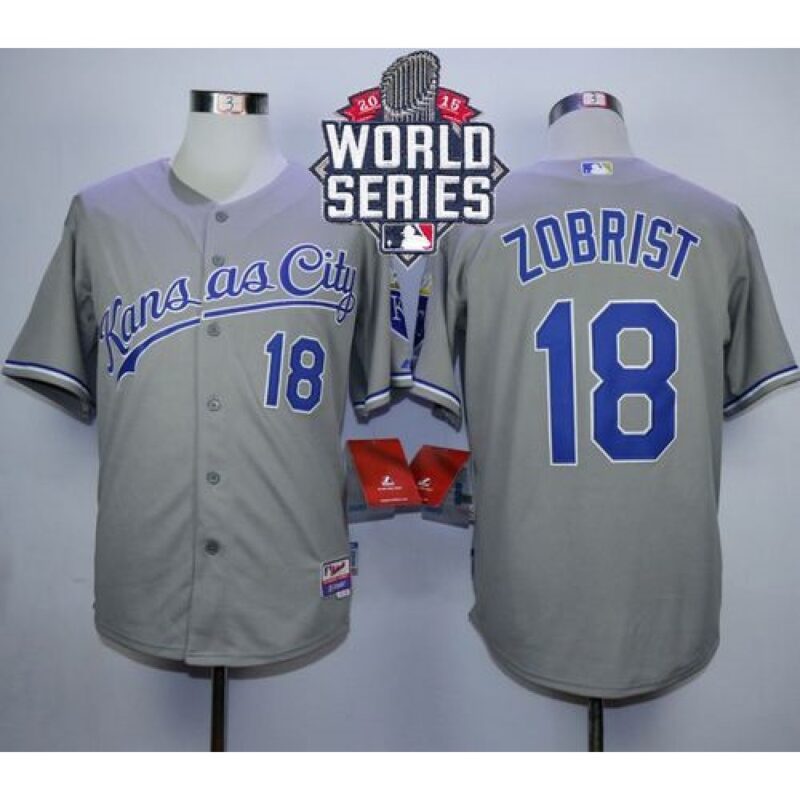 6863b582e0052_1 Royals #18 Ben Zobrist Grey Cool Base W/2015 World Series Patch Stitched MLB Jersey