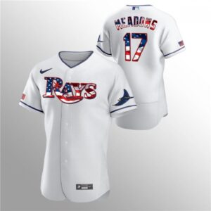 6863b687b8bd2_1 Men's Tampa Bay Rays #17 Austin Meadows White 2020 Stars & Stripes Flex Base Stitched Jersey