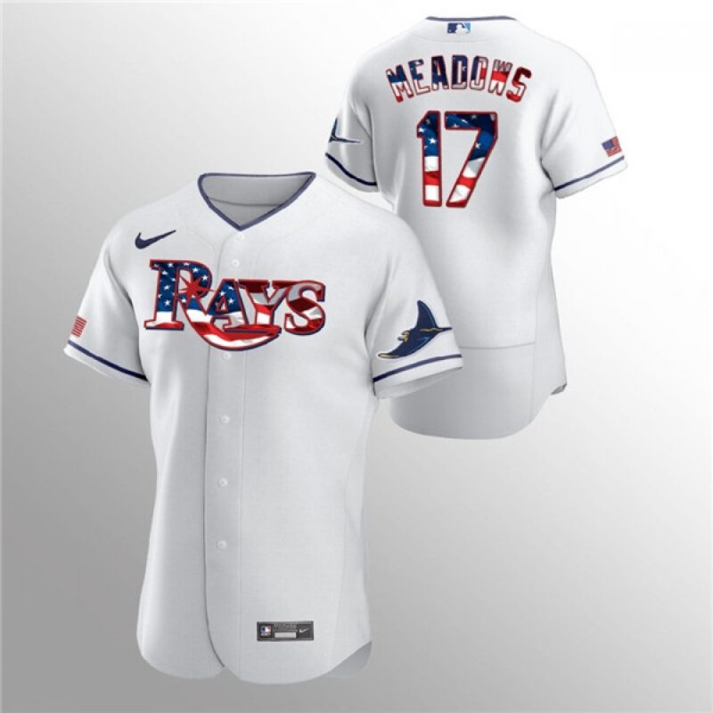 6863b687b8bd2_1 Men's Tampa Bay Rays #17 Austin Meadows White 2020 Stars & Stripes Flex Base Stitched Jersey