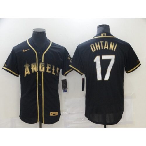6863b723c50d3_1 Men's Los Angeles Angels #17 Shohei Ohtani 2021 Black Golden Edition Flex Base Stitched Baseball Jersey