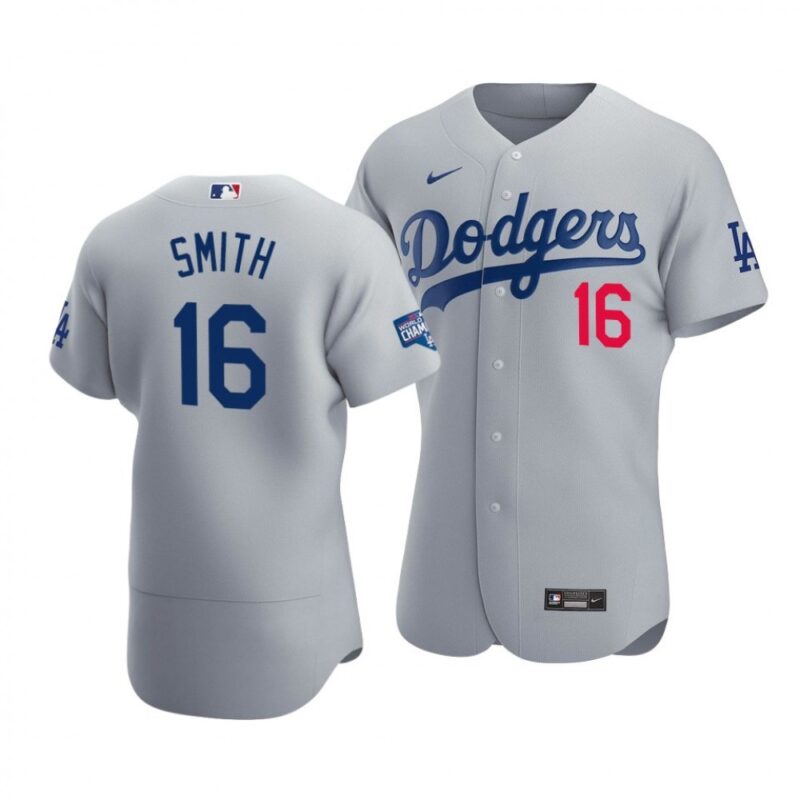6863b9d55c283_1 Men's Los Angeles Dodgers #16 Will Smith 2020 Grey World Series Champions Patch Flex Base Sttiched Jersey