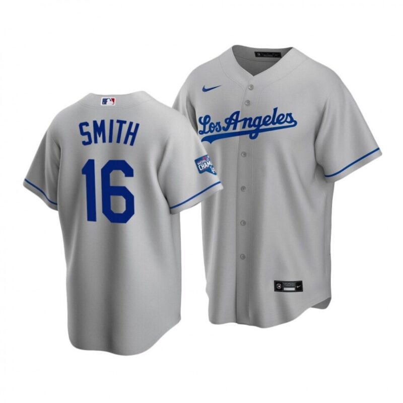 6863b9e145136_1 Men's Los Angeles Dodgers #16 Will Smith Grey 2020 World Series Champions Home Patch Stitched Jersey