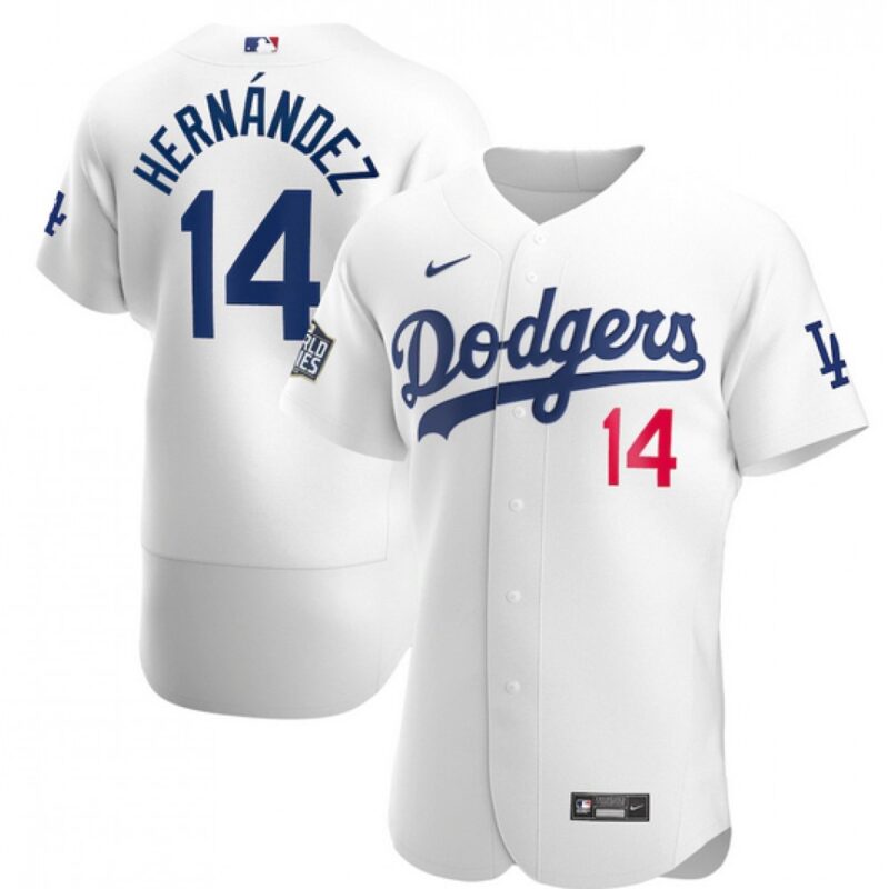 6863bdafaa68a_1 Men's Los Angeles Dodgers #14 Kike Hernandez White 2020 World Series Bound stitched Jersey