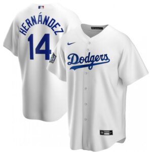 6863bdb33bc38_1 Men's Los Angeles Dodgers #14 Kike Hernandez White 2020 World Series Bound stitched Jersey