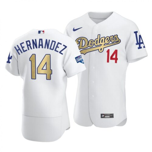 6863bdbd9e9e3_1 Men's Los Angeles Dodgers #14 Kike Hernandez 2021 White Gold World Series Champions Patch Sttiched Jersey