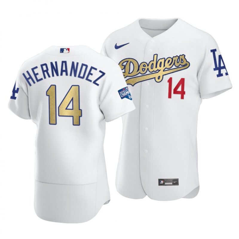 6863bdbd9e9e3_1 Men's Los Angeles Dodgers #14 Kike Hernandez 2021 White Gold World Series Champions Patch Sttiched Jersey