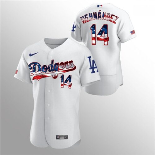 6863bdc13fd23_1 Men's Los Angeles Dodgers #14 Enrique Hernandez White 2020 Stars & Stripes Flex Base Stitched Jersey