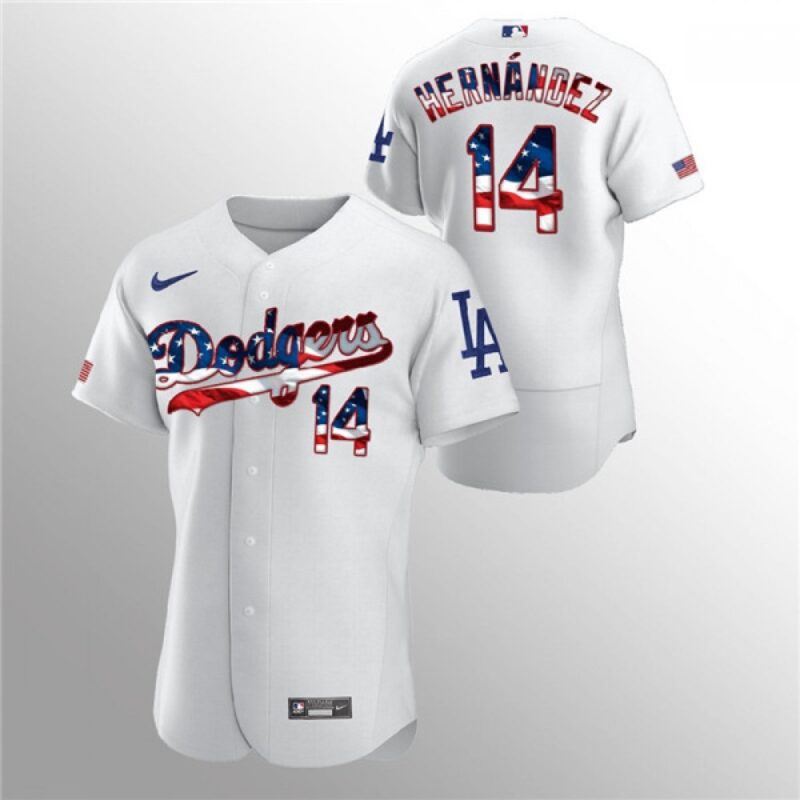 6863bdc13fd23_1 Men's Los Angeles Dodgers #14 Enrique Hernandez White 2020 Stars & Stripes Flex Base Stitched Jersey