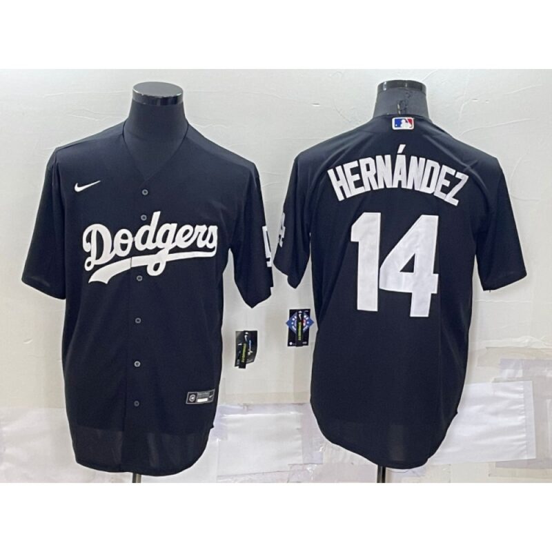 6863bef2daa56_1 Men's Los Angeles Dodgers #14 Kike Hernandez Black Cool Base Stitched Jersey