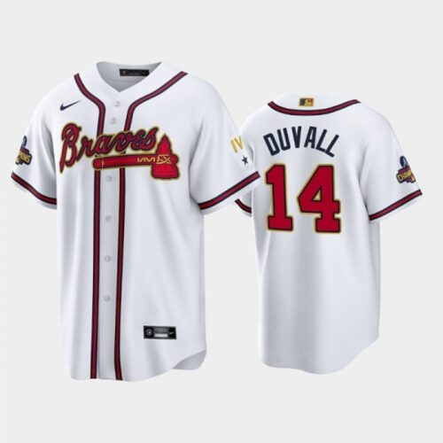 6863bf5a299fe_1 Men's Atlanta Braves #14 Adam Duvall 2022 White/Gold World Series Champions Program Cool Base Stitched Baseball Jersey