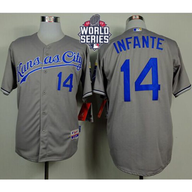 6863bf8d43198_1 Royals #14 Omar infante Grey Cool Base W/2015 World Series Patch Stitched MLB Jersey