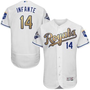6863bf9c35c1f_1 Royals #14 Omar infante White 2015 World Series Champions Gold Program FlexBase Authentic Stitched MLB Jersey