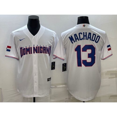 6863c0ce6a85c_1 Men's Dominican Republic Baseball #13 Manny Machado 2023 White World Baseball Classic Stitched Jersey