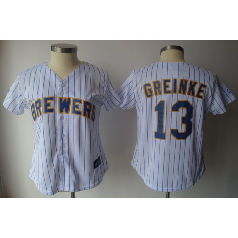 6863c13a7967a_1 Brewers #13 Zack Greinke White With Blue Strip Lady Fashion Stitched MLB Jersey