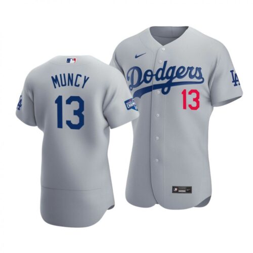 6863c1d41f354_1 Men's Los Angeles Dodgers #13 Max Muncy 2020 Grey World Series Champions Patch Flex Base Sttiched Jersey