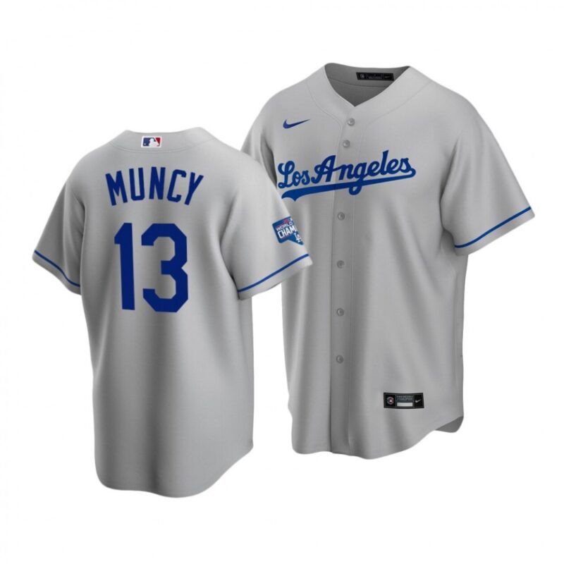 6863c1d7bc523_1 Men's Los Angeles Dodgers #13 Max Muncy Grey 2020 World Series Champions Home Patch Stitched Jersey