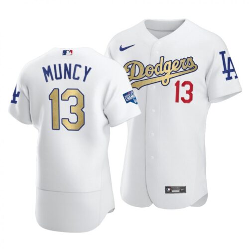 6863c20c15d62_1 Men's Los Angeles Dodgers #13 Max Muncy 2021 White Gold World Series Champions Patch Sttiched Jersey
