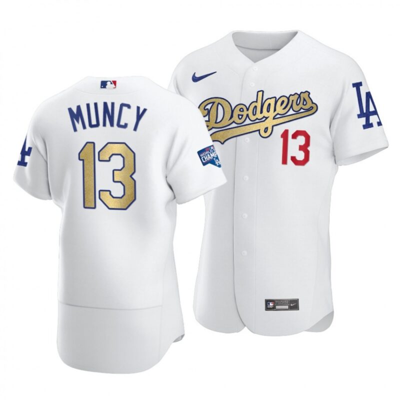 6863c20c15d62_1 Men's Los Angeles Dodgers #13 Max Muncy 2021 White Gold World Series Champions Patch Sttiched Jersey